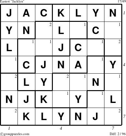 The grouppuzzles.com Easiest Jacklyn puzzle for , suitable for printing, with all 2 steps marked