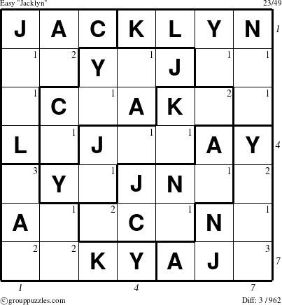 The grouppuzzles.com Easy Jacklyn puzzle for  with all 3 steps marked