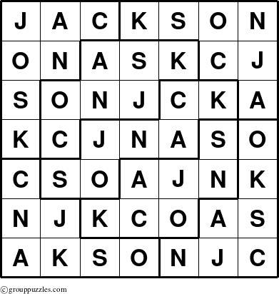 The grouppuzzles.com Answer grid for the Jackson puzzle for 