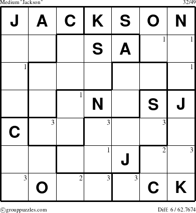 The grouppuzzles.com Medium Jackson puzzle for  with the first 3 steps marked