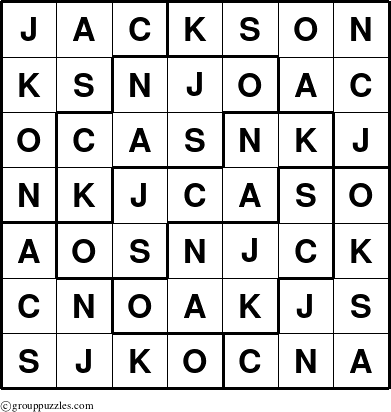 The grouppuzzles.com Answer grid for the Jackson puzzle for 