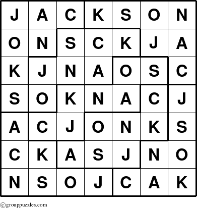 The grouppuzzles.com Answer grid for the Jackson puzzle for 