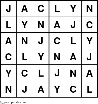 The grouppuzzles.com Answer grid for the Jaclyn puzzle for 