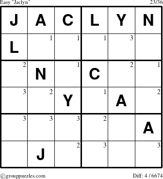 The grouppuzzles.com Easy Jaclyn puzzle for  with the first 3 steps marked