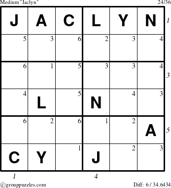 The grouppuzzles.com Medium Jaclyn puzzle for  with all 6 steps marked