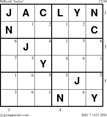 The grouppuzzles.com Difficult Jaclyn puzzle for , suitable for printing, with all 7 steps marked