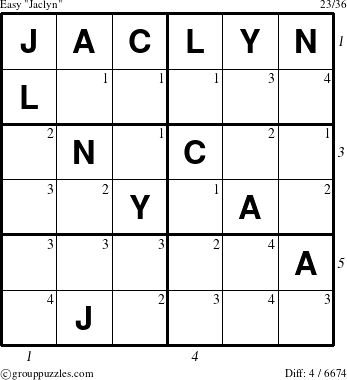 The grouppuzzles.com Easy Jaclyn puzzle for  with all 4 steps marked