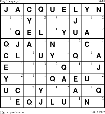 The grouppuzzles.com Easy Jacquelyn puzzle for  with the first 3 steps marked