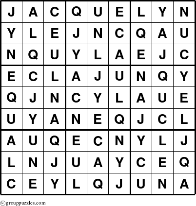 The grouppuzzles.com Answer grid for the Jacquelyn puzzle for 