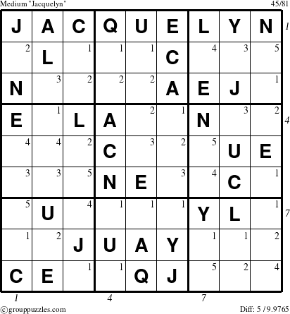 The grouppuzzles.com Medium Jacquelyn puzzle for  with all 5 steps marked