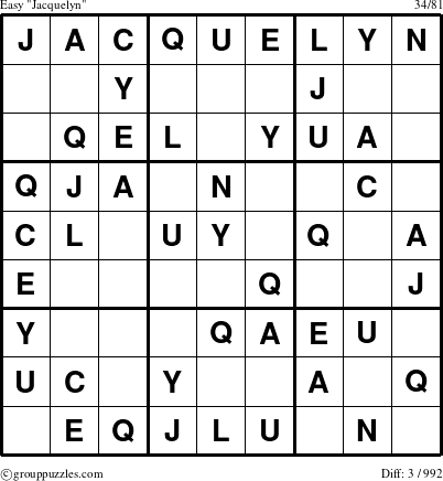 The grouppuzzles.com Easy Jacquelyn puzzle for 