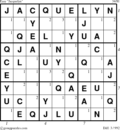 The grouppuzzles.com Easy Jacquelyn puzzle for  with all 3 steps marked