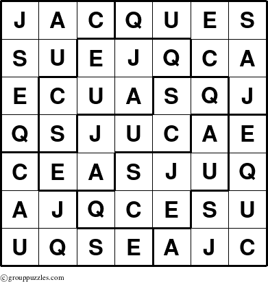 The grouppuzzles.com Answer grid for the Jacques puzzle for 