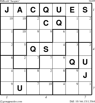 The grouppuzzles.com Difficult Jacques puzzle for  with all 10 steps marked