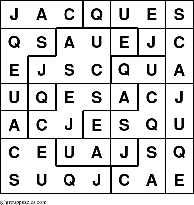 The grouppuzzles.com Answer grid for the Jacques puzzle for 