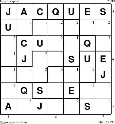 The grouppuzzles.com Easy Jacques puzzle for , suitable for printing, with all 3 steps marked