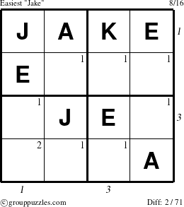 The grouppuzzles.com Easiest Jake puzzle for , suitable for printing, with all 2 steps marked