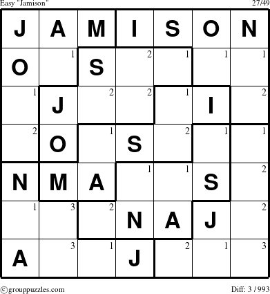 The grouppuzzles.com Easy Jamison puzzle for  with the first 3 steps marked