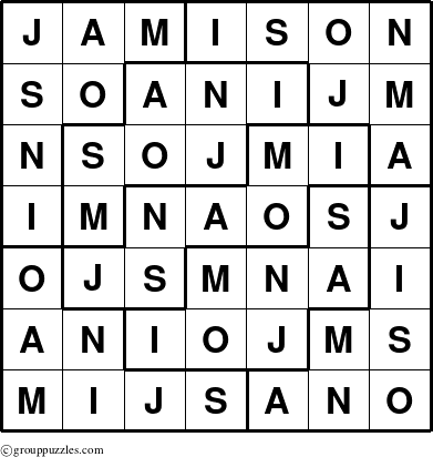 The grouppuzzles.com Answer grid for the Jamison puzzle for 