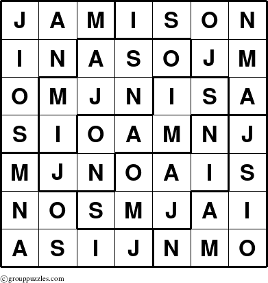 The grouppuzzles.com Answer grid for the Jamison puzzle for 