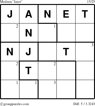 The grouppuzzles.com Medium Janet puzzle for  with the first 3 steps marked