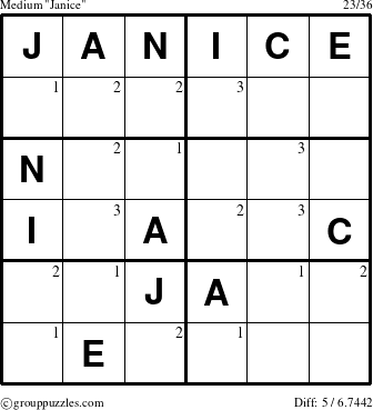 The grouppuzzles.com Medium Janice puzzle for  with the first 3 steps marked