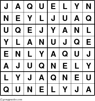 The grouppuzzles.com Answer grid for the Jaquelyn puzzle for 