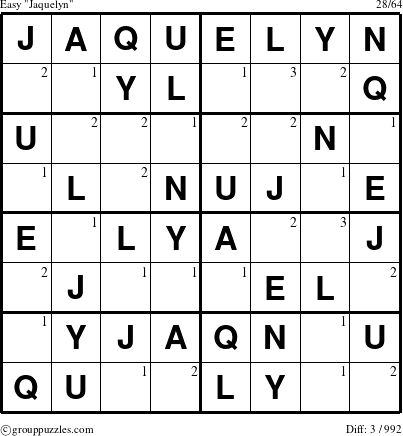 The grouppuzzles.com Easy Jaquelyn puzzle for  with the first 3 steps marked