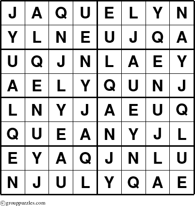 The grouppuzzles.com Answer grid for the Jaquelyn puzzle for 