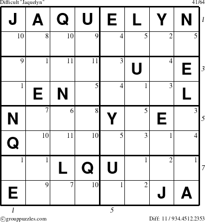 The grouppuzzles.com Difficult Jaquelyn puzzle for , suitable for printing, with all 11 steps marked