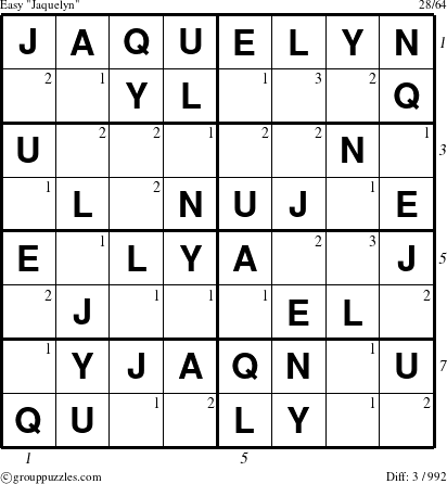 The grouppuzzles.com Easy Jaquelyn puzzle for  with all 3 steps marked