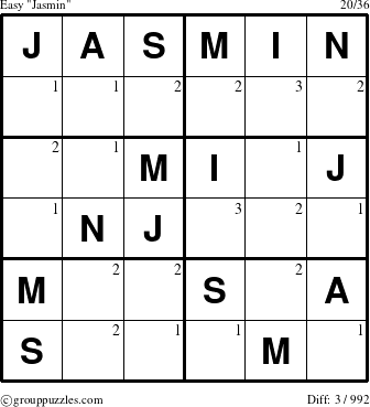 The grouppuzzles.com Easy Jasmin puzzle for  with the first 3 steps marked