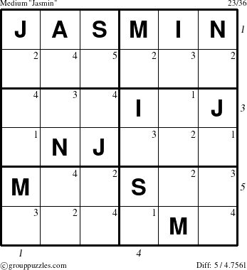 The grouppuzzles.com Medium Jasmin puzzle for  with all 5 steps marked