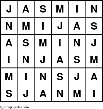 The grouppuzzles.com Answer grid for the Jasmin puzzle for 