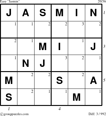 The grouppuzzles.com Easy Jasmin puzzle for  with all 3 steps marked