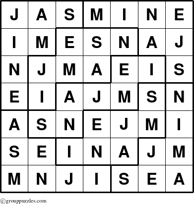 The grouppuzzles.com Answer grid for the Jasmine puzzle for 