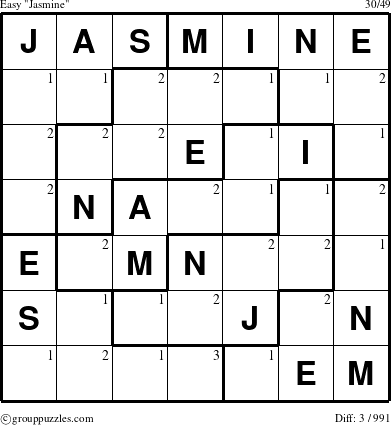 The grouppuzzles.com Easy Jasmine puzzle for  with the first 3 steps marked