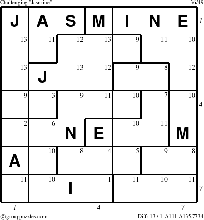 The grouppuzzles.com Challenging Jasmine puzzle for , suitable for printing, with all 13 steps marked