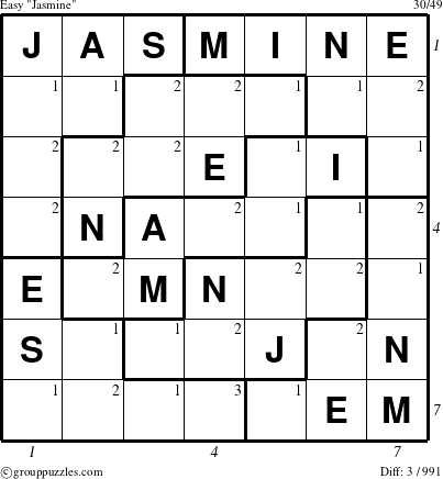 The grouppuzzles.com Easy Jasmine puzzle for  with all 3 steps marked