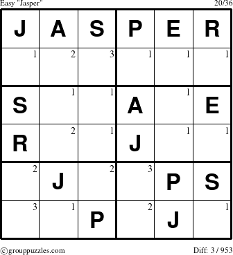 The grouppuzzles.com Easy Jasper puzzle for  with the first 3 steps marked