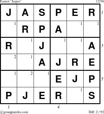 The grouppuzzles.com Easiest Jasper puzzle for , suitable for printing, with all 2 steps marked