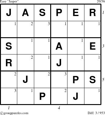 The grouppuzzles.com Easy Jasper puzzle for  with all 3 steps marked