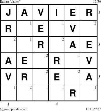 The grouppuzzles.com Easiest Javier puzzle for , suitable for printing, with all 2 steps marked