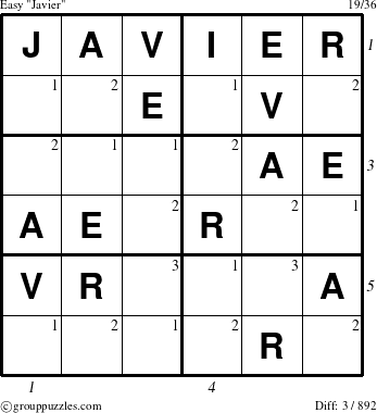 The grouppuzzles.com Easy Javier puzzle for  with all 3 steps marked