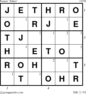 The grouppuzzles.com Easiest Jethro puzzle for , suitable for printing, with all 2 steps marked