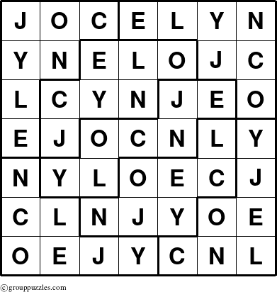 The grouppuzzles.com Answer grid for the Jocelyn puzzle for 