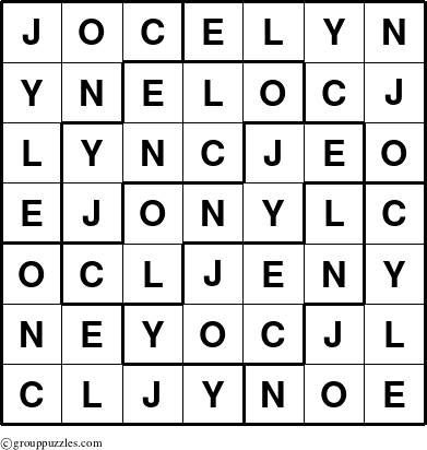 The grouppuzzles.com Answer grid for the Jocelyn puzzle for 