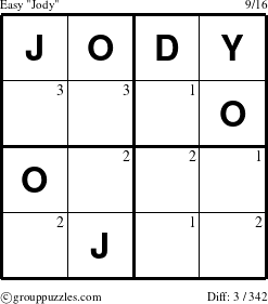 The grouppuzzles.com Easy Jody puzzle for  with the first 3 steps marked