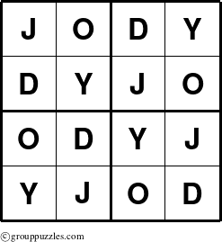 The grouppuzzles.com Answer grid for the Jody puzzle for 