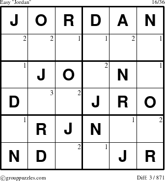 The grouppuzzles.com Easy Jordan puzzle for  with the first 3 steps marked